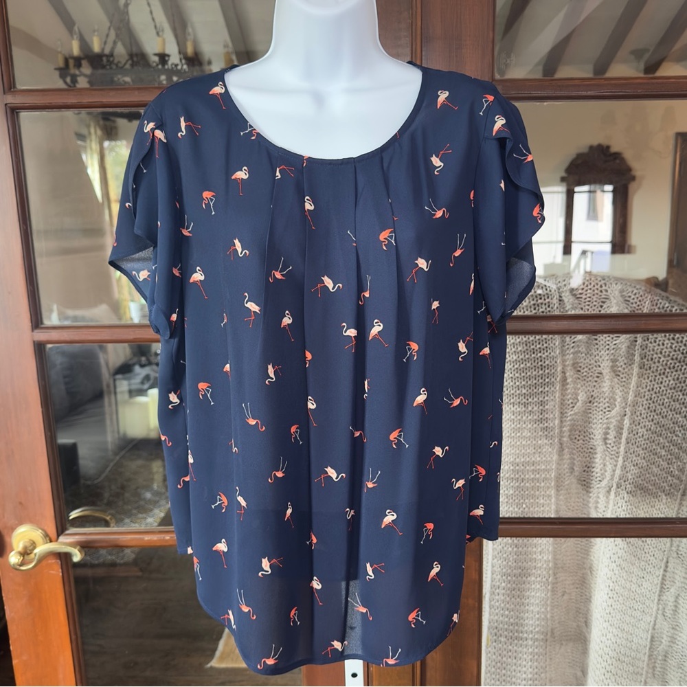 Navy Flamingo Print Women's Top